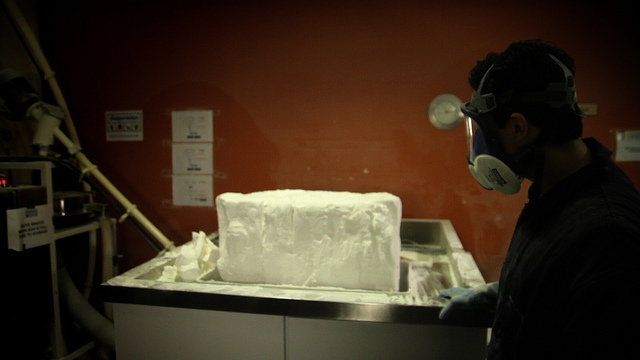 A block of nylon powder is removed from the Shapeways 3D Printer, ready for the 3D Printed parts to be removed, cleaned and shipped.