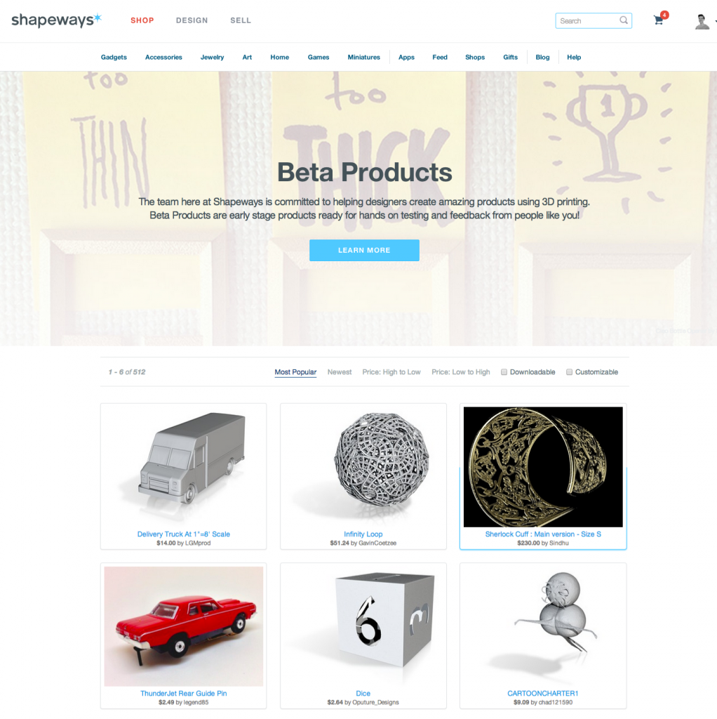 Beta products on Shapeways