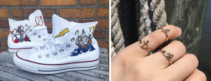 Lizz Hill's Troubled Waters embroidered shoes and Rings Trio