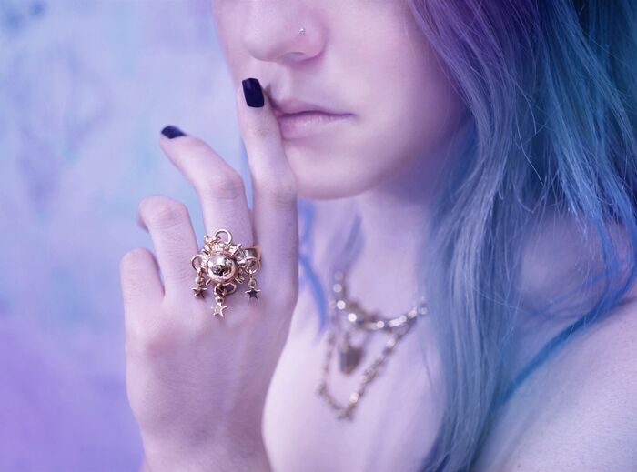 woman wearing metal 3D printed Cassiopeia ring