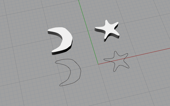 crescent moon and star extruded into 3D