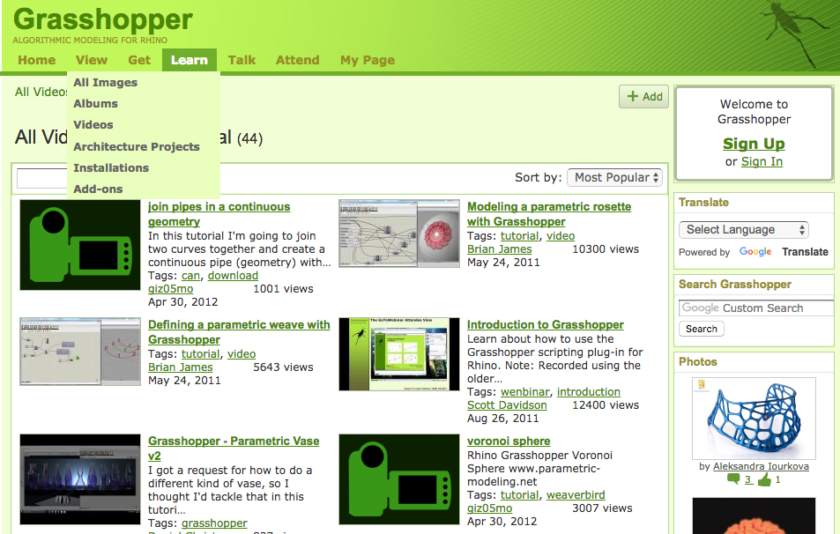 Grasshoper Learn web page