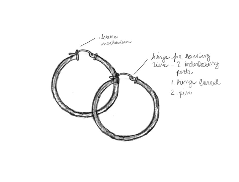 Sketch of hoop earring with closure mechanism and hinge