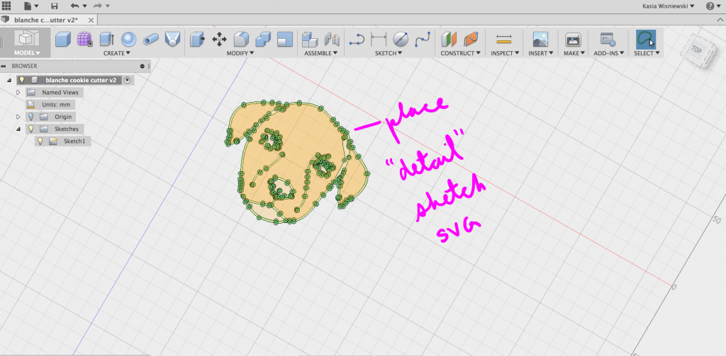 Fusion 360 interface with SVG file of dog face