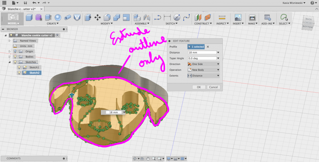 Fusion 360 interface with SVG file of dog face, angle tilted, with pink written text