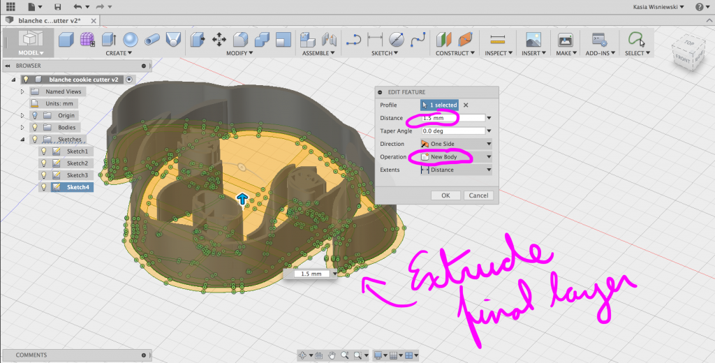 Fusion 360 interface with SVG file of dog face, angle tilted, with pink written text