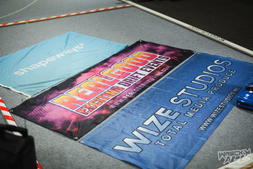 Shapeways RealGood and Wize Studios RC car competition sponsor banners