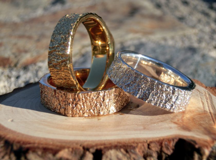 The final tree bark textured 3D printed ring design from a photo scan with a phone and how to 3D design it