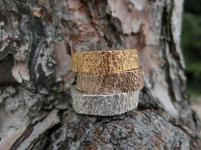 The final tree bark textured 3D printed ring design from a photo scan with a phone and how to 3D design it