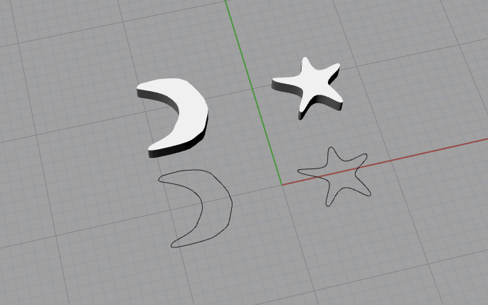 crescent moon and star extruded into 3D