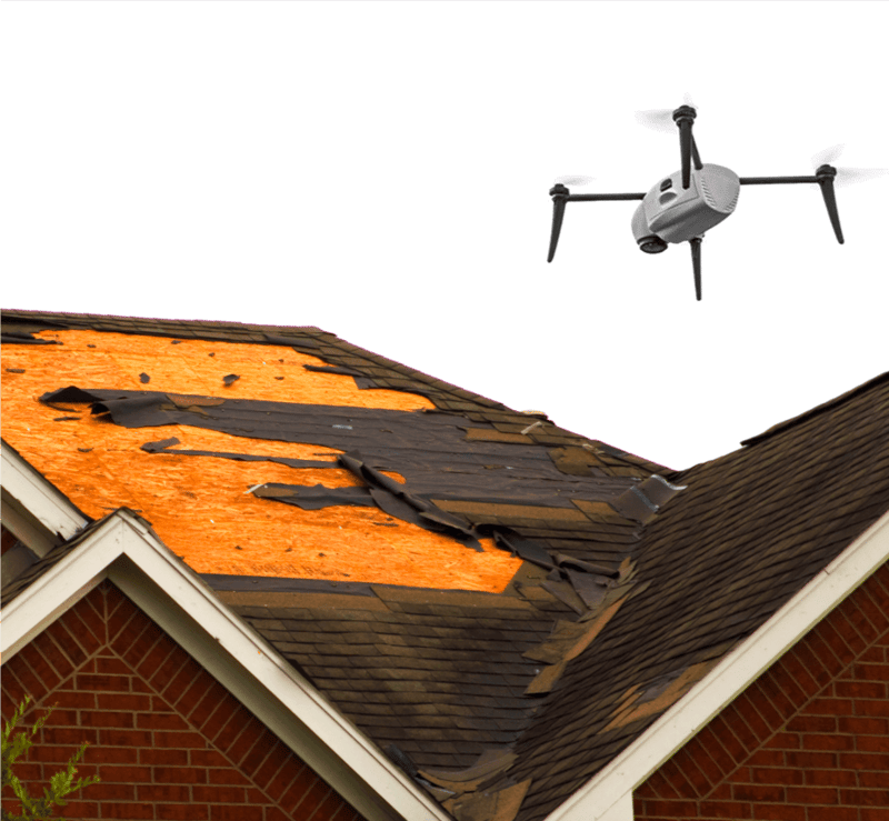Aerial shot of 3D printed drone above roof