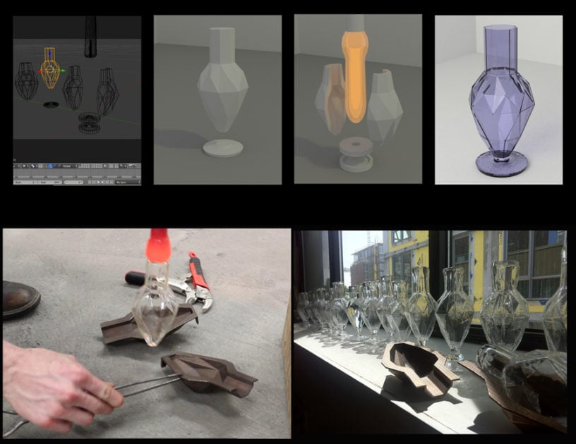 Tim Belliveau's glass-blowing mold in 3D renderings and 3D printed bronze