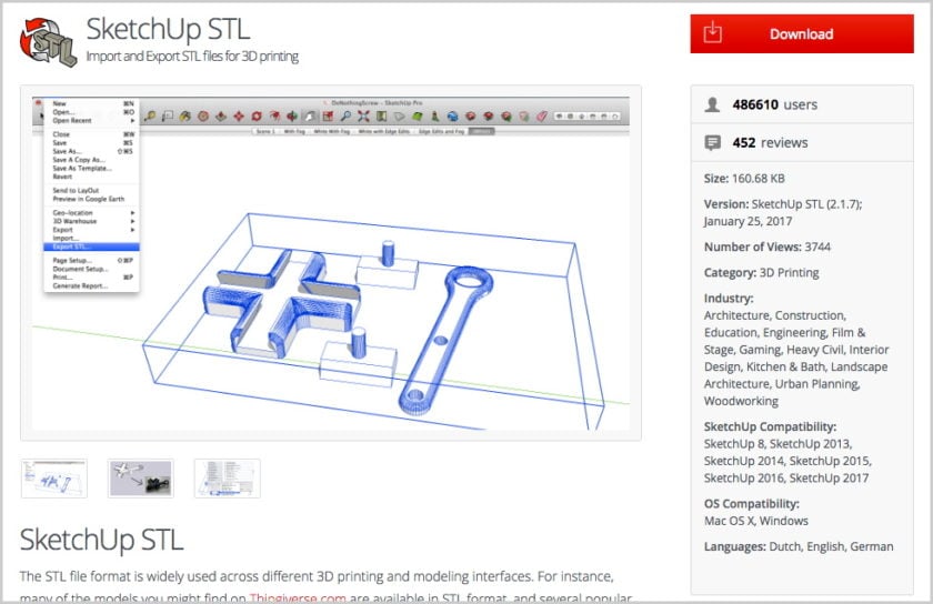 SketchUp STL import and export extension screenshot